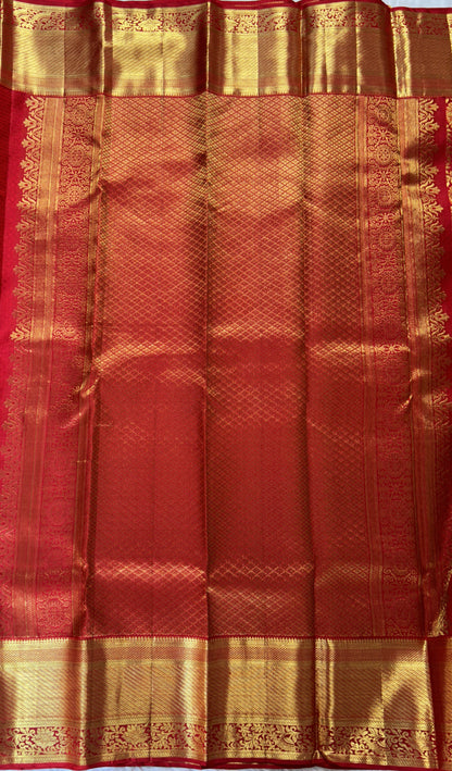 Kanjivaram Bridal Silk Saree Red colored allover Saree complemented with a Gold Kanchi border. - Sampradaya Designer Studio