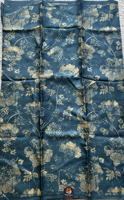 Pure Tussar Silk Saree Dark Teal Blue Color Complemented with a Borderless. - Sampradaya Designer Studio