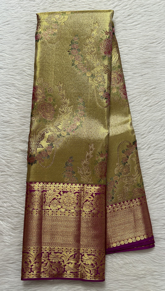 Kanjivaram Bridal Silk Saree Gold colored allover Saree complemented with a Violet Colored Kanchi border. - Sampradaya Designer Studio