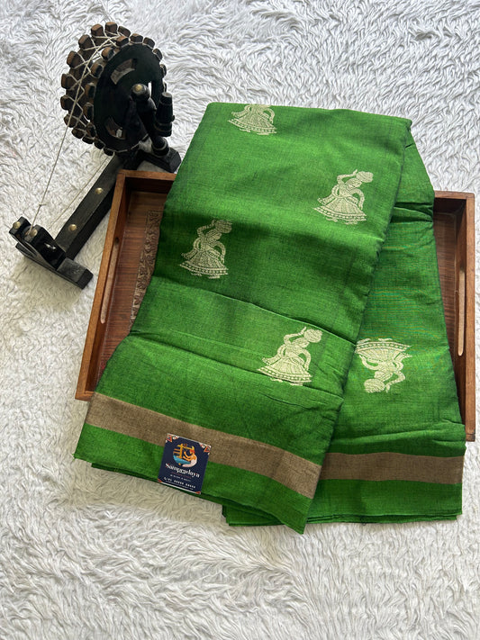 Narayanpet Cotton Saree Grass Green Colored Complemented with a Thread Border.