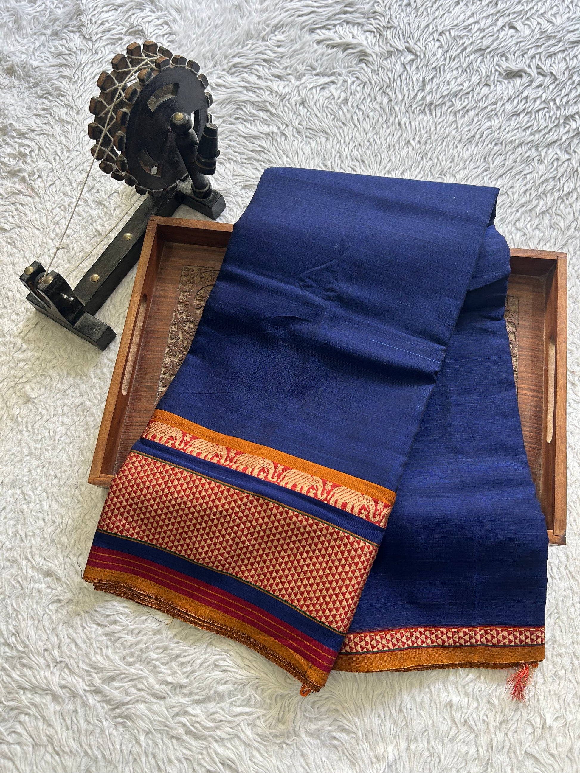 Narayanpet Cotton Saree Inky Blue Colored Complemented with a Thread Border. - Sampradaya Designer Studio