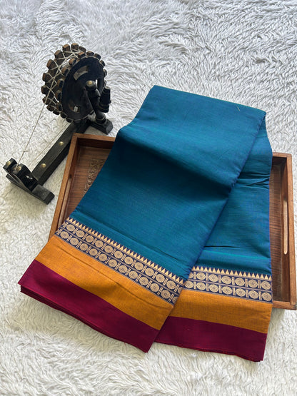 Narayanpet Cotton Saree Ocean Blue Colored Complemented with a Thread Border. - Sampradaya Designer Studio