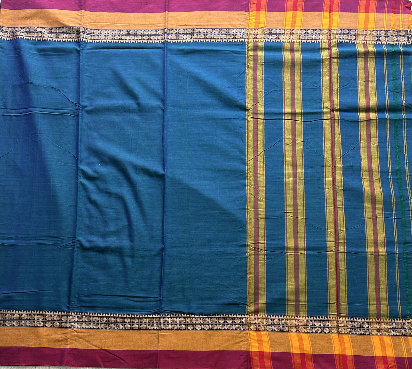 Narayanpet Cotton Saree Ocean Blue Colored Complemented with a Thread Border. - Sampradaya Designer Studio