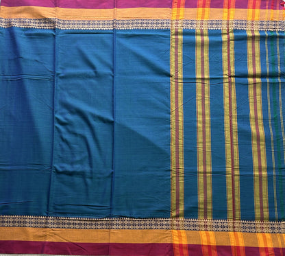 Narayanpet Cotton Saree Ocean Blue Colored Complemented with a Thread Border. - Sampradaya Designer Studio