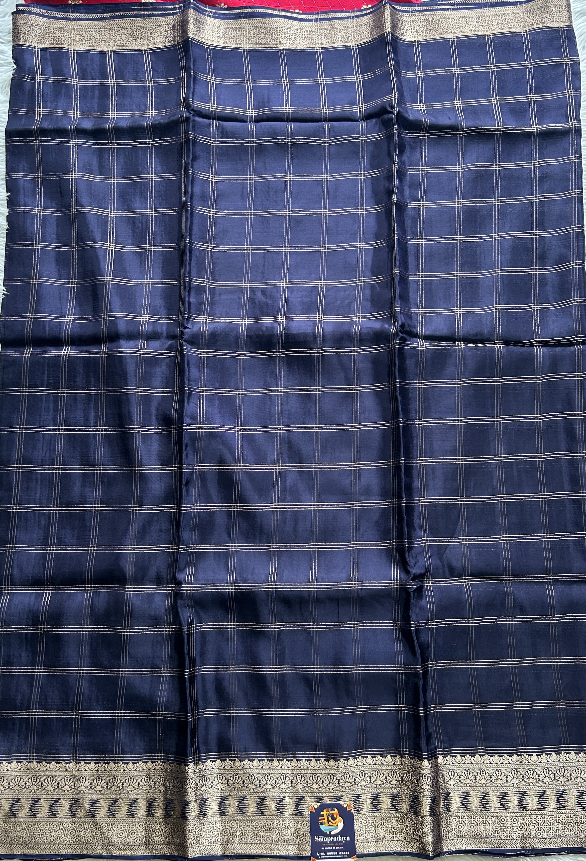 Satin Silk Saree Navy Blue Color with a Zari Border. – Sampradaya