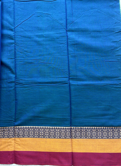 Narayanpet Cotton Saree Ocean Blue Colored Complemented with a Thread Border. - Sampradaya Designer Studio