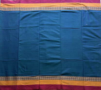 Narayanpet Cotton Saree Ocean Blue Colored Complemented with a Thread Border. - Sampradaya Designer Studio