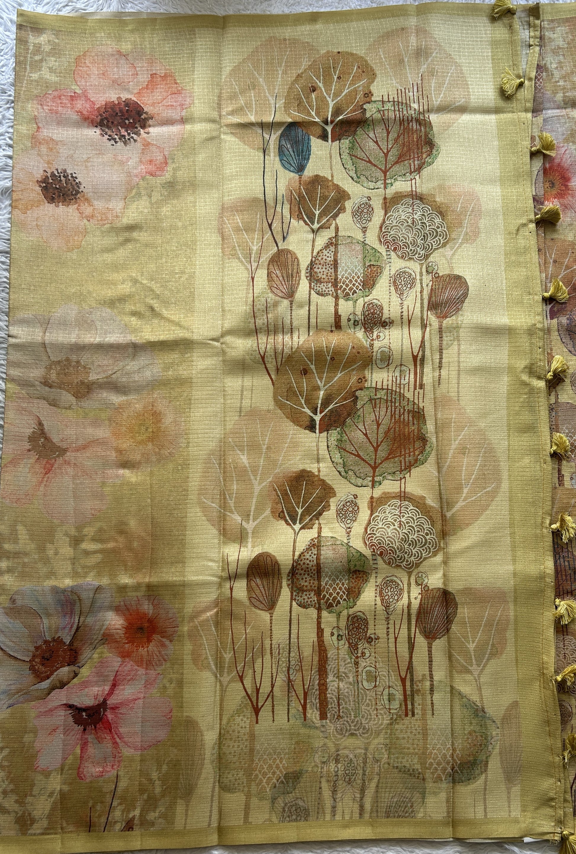 Semi Tussar Saree Light Lemon Colored Elegantly Paired with a Borderless. - Sampradaya Designer Studio
