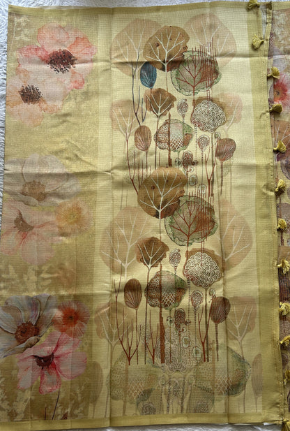 Semi Tussar Saree Light Lemon Colored Elegantly Paired with a Borderless. - Sampradaya Designer Studio