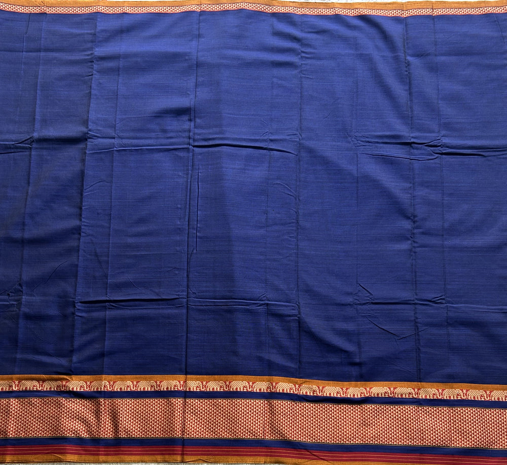 Narayanpet Cotton Saree Inky Blue Colored Complemented with a Thread Border. - Sampradaya Designer Studio