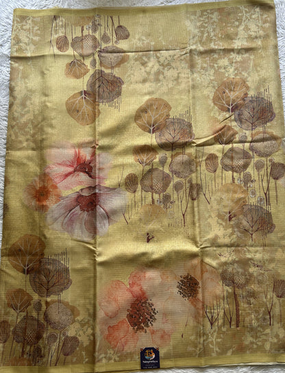 Semi Tussar Saree Light Lemon Colored Elegantly Paired with a Borderless. - Sampradaya Designer Studio
