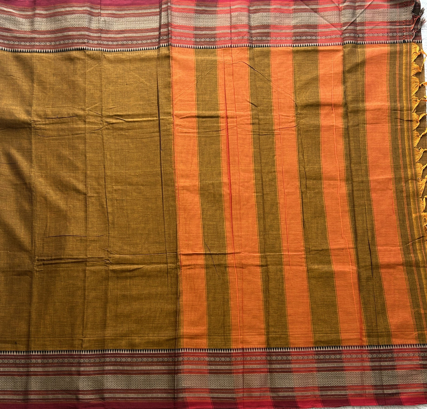 Narayanpet Cotton Saree Burnt Colored Complemented with a Thread Border. - Sampradaya Designer Studio