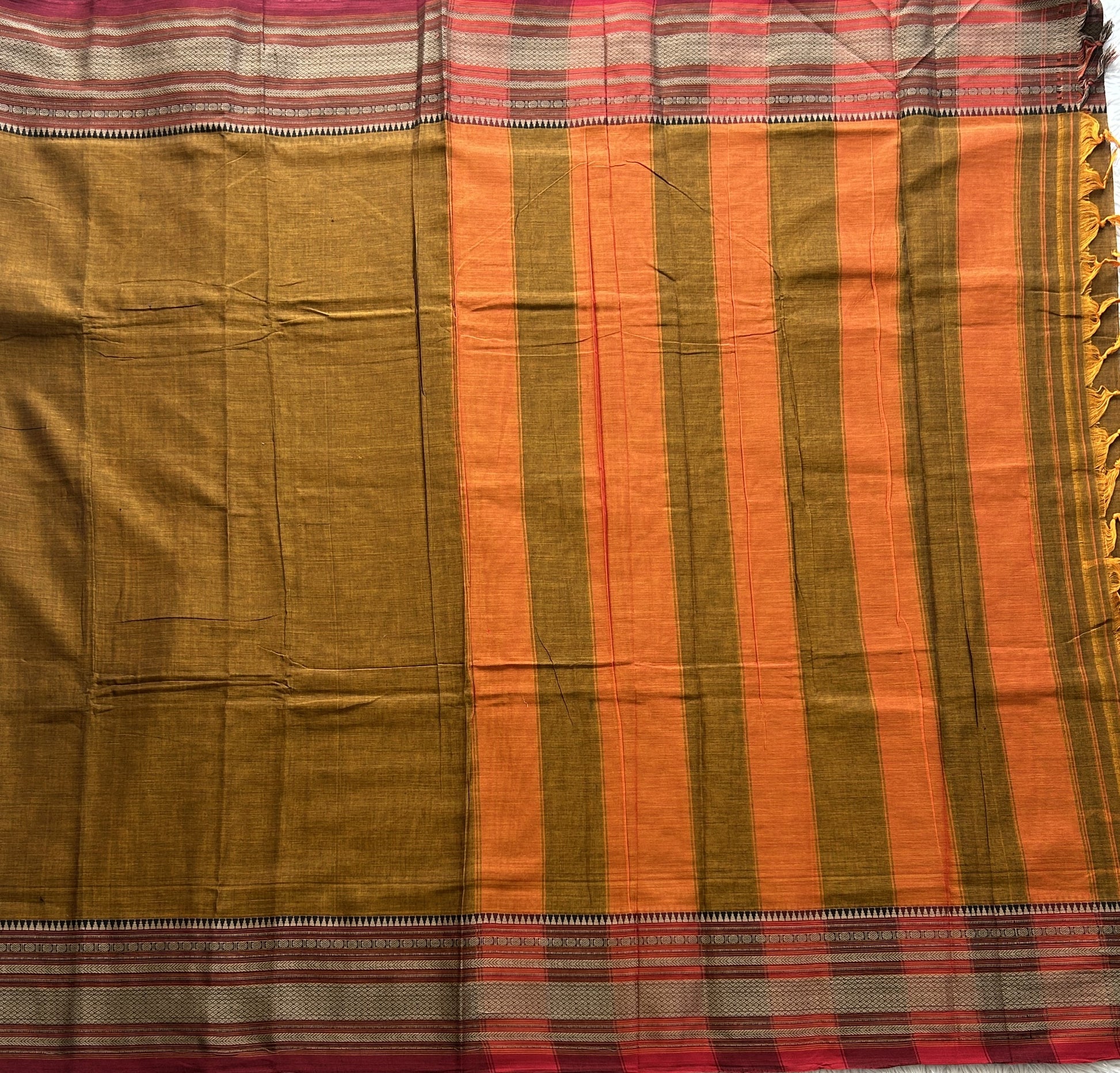 Narayanpet Cotton Saree Burnt Colored Complemented with a Thread Border. - Sampradaya Designer Studio