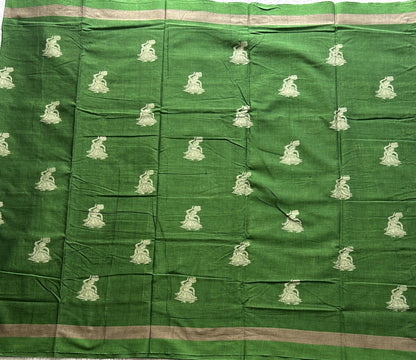 Narayanpet Cotton Saree Grass Green Colored Complemented with a Thread Border.
