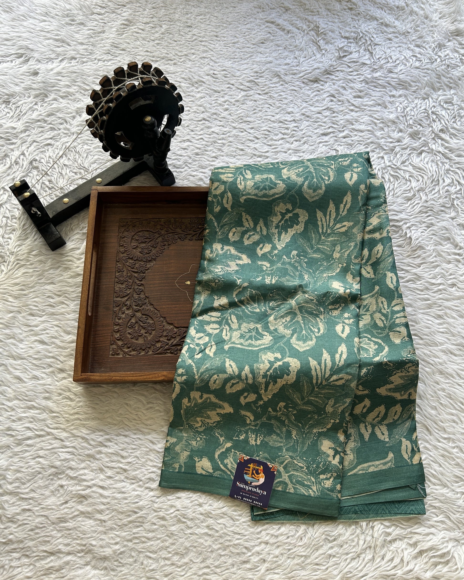 Pure Tussar Silk Saree Rama Green Color Complemented with a Borderless. - Sampradaya Designer Studio