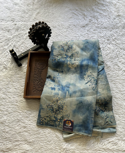 Semi Tussar Saree Sky Blue Colored Elegantly Paired with a Borderless. - Sampradaya Designer Studio