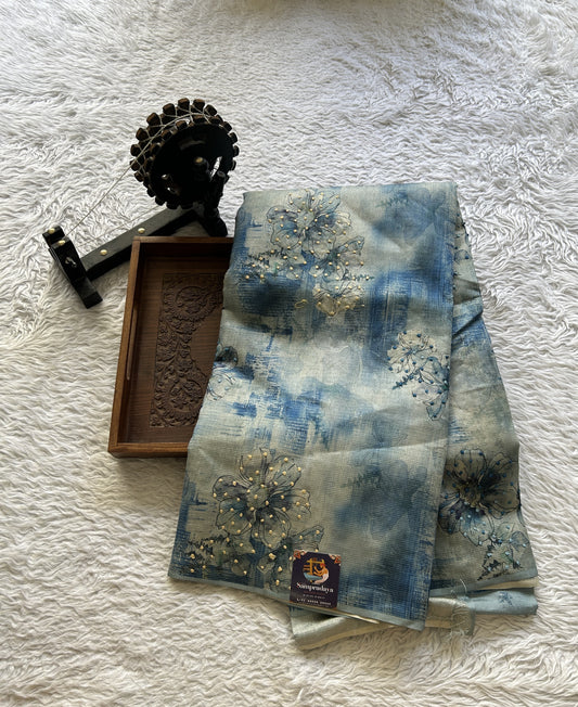 Semi Tussar Saree Sky Blue Colored Elegantly Paired with a Borderless. - Sampradaya Designer Studio