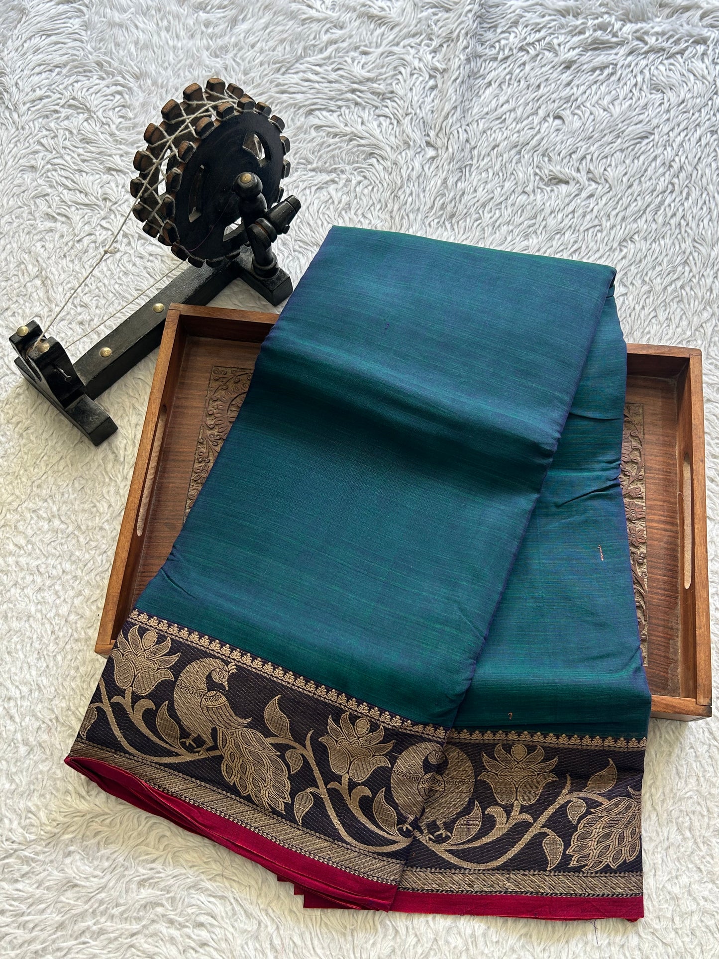 Narayanpet Cotton Saree Peacock Blue Colored Complemented with a Thread Border. - Sampradaya Designer Studio