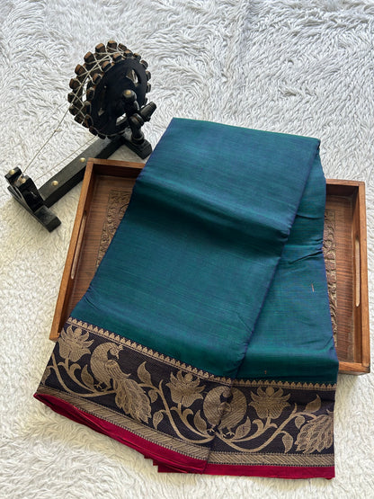 Narayanpet Cotton Saree Peacock Blue Colored Complemented with a Thread Border. - Sampradaya Designer Studio