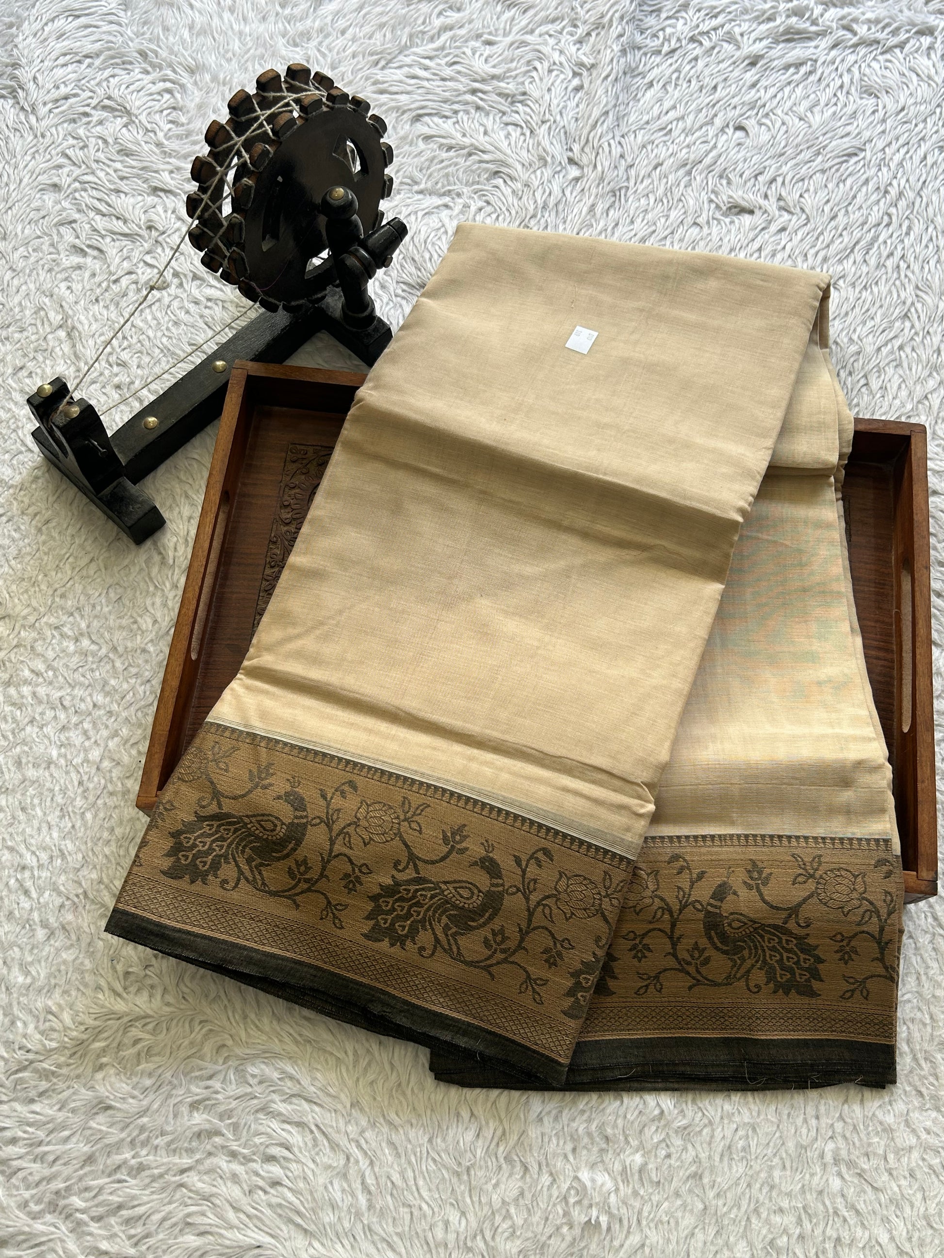Narayanpet Cotton Saree Light Cream Colored Complemented with a Thread Border. - Sampradaya Designer Studio