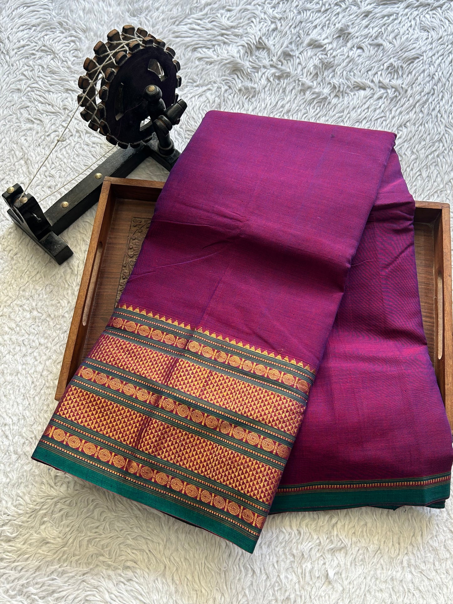 Narayanpet Cotton Saree Byzantine Colored Complemented with a Gold Zari Border.
