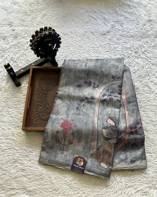 Semi Tussar Saree Elephant Gray Colored Elegantly Paired with a Borderless. - Sampradaya Designer Studio