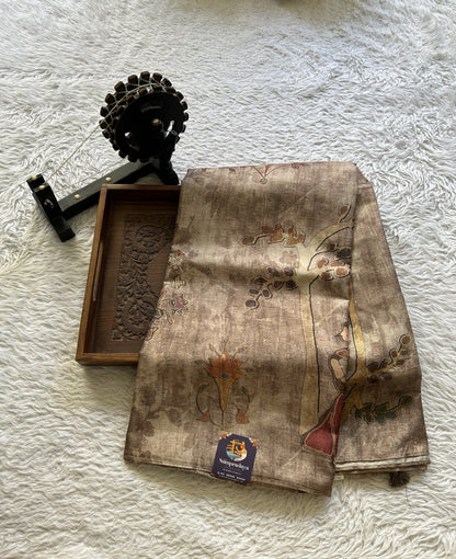 Semi Tussar Saree Chocolate Colored Elegantly Paired with a Borderless. - Sampradaya Designer Studio