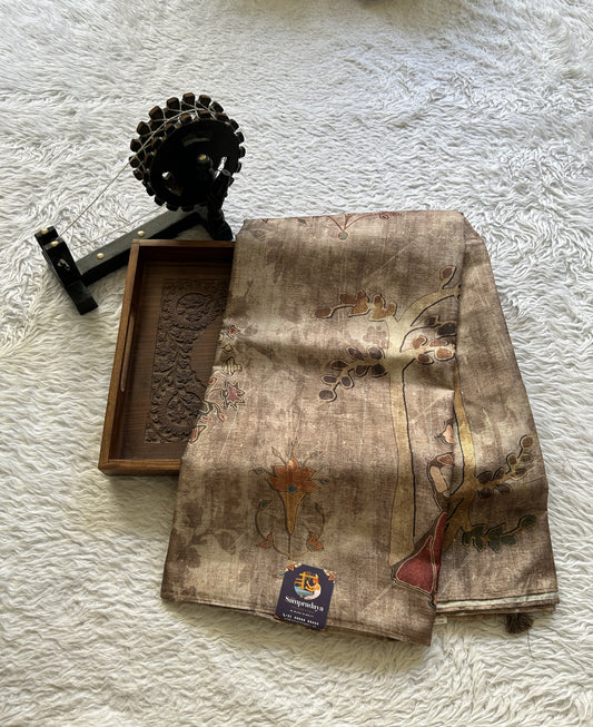 Semi Tussar Saree Chocolate Colored Elegantly Paired with a Borderless. - Sampradaya Designer Studio