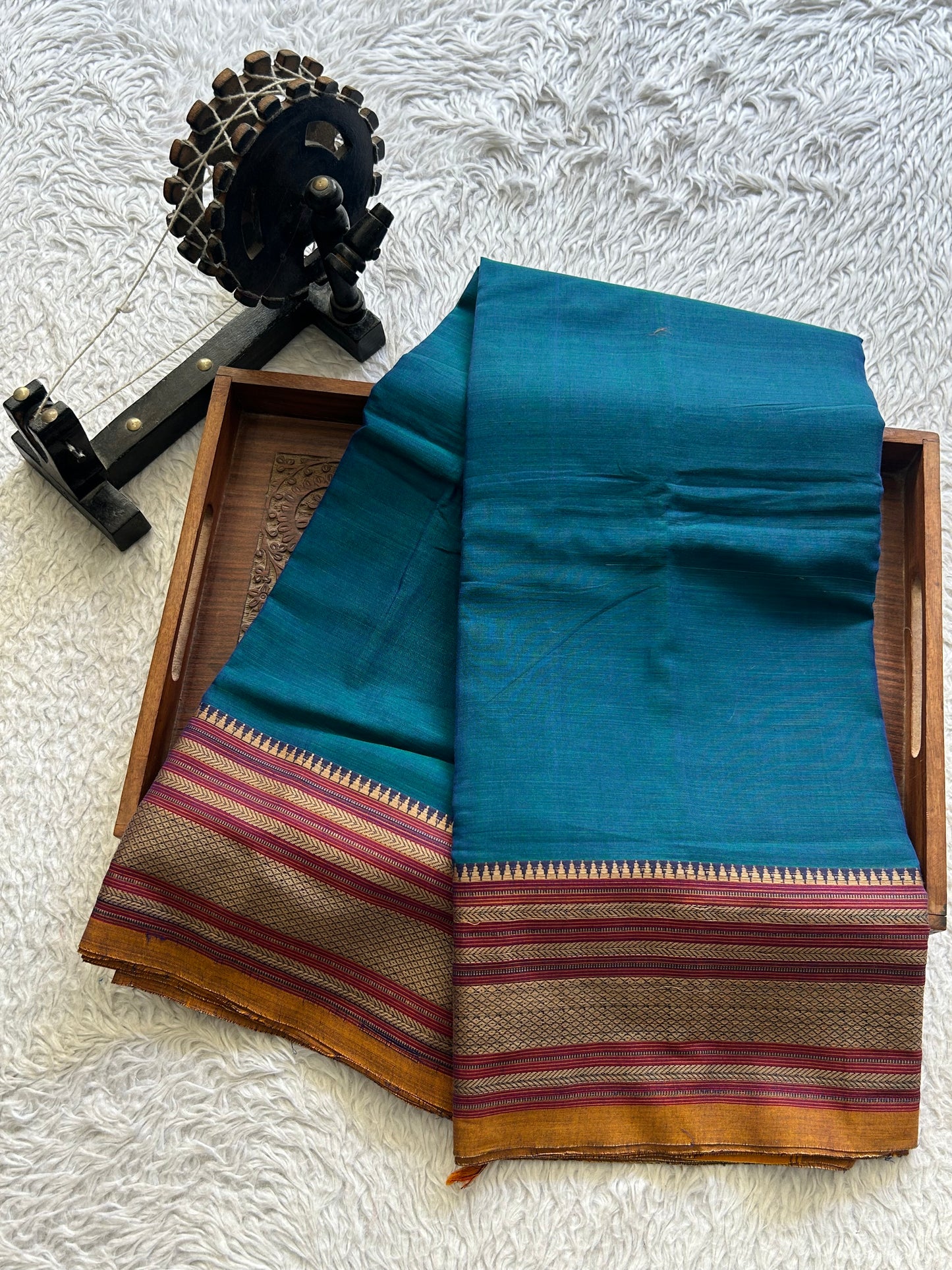 Narayanpet Cotton Saree Marina Blue Colored Complemented with a Thread Border. - Sampradaya Designer Studio