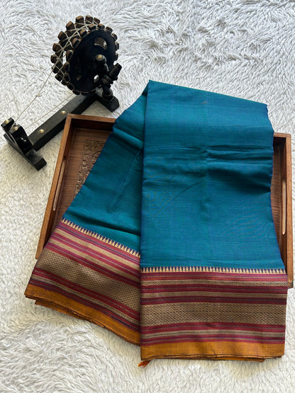 Narayanpet Cotton Saree Marina Blue Colored Complemented with a Thread Border. - Sampradaya Designer Studio