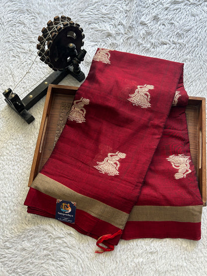 Narayanpet Cotton Saree Maroon Colored Complemented with a Thread Border. - Sampradaya Designer Studio