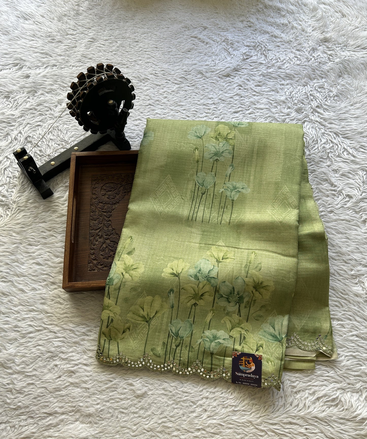 Semi Tussar Saree Parrot Green Colored Elegantly Paired with a Mirror Work Border. - Sampradaya Designer Studio