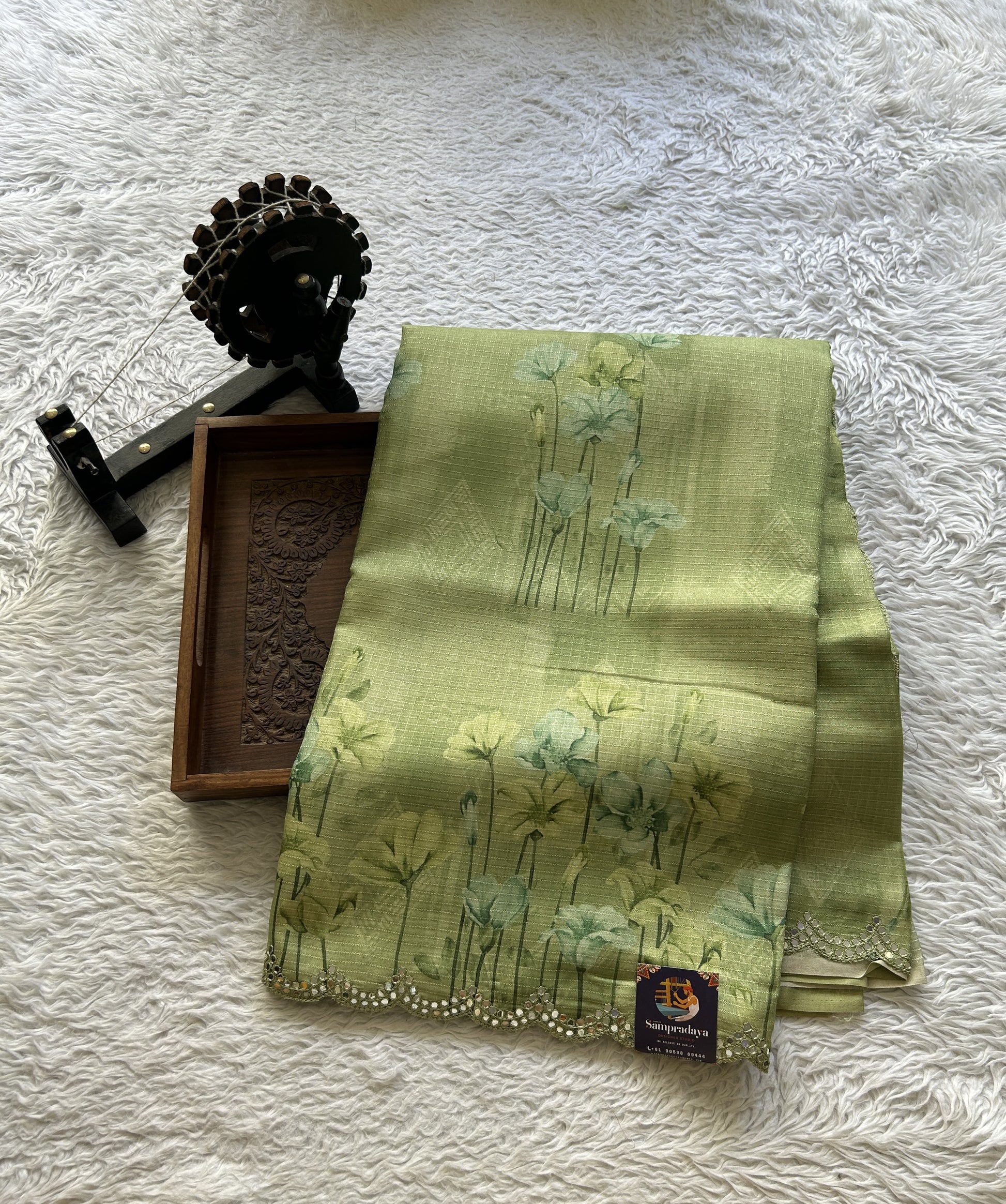 Semi Tussar Saree Parrot Green Colored Elegantly Paired with a Mirror Work Border. - Sampradaya Designer Studio