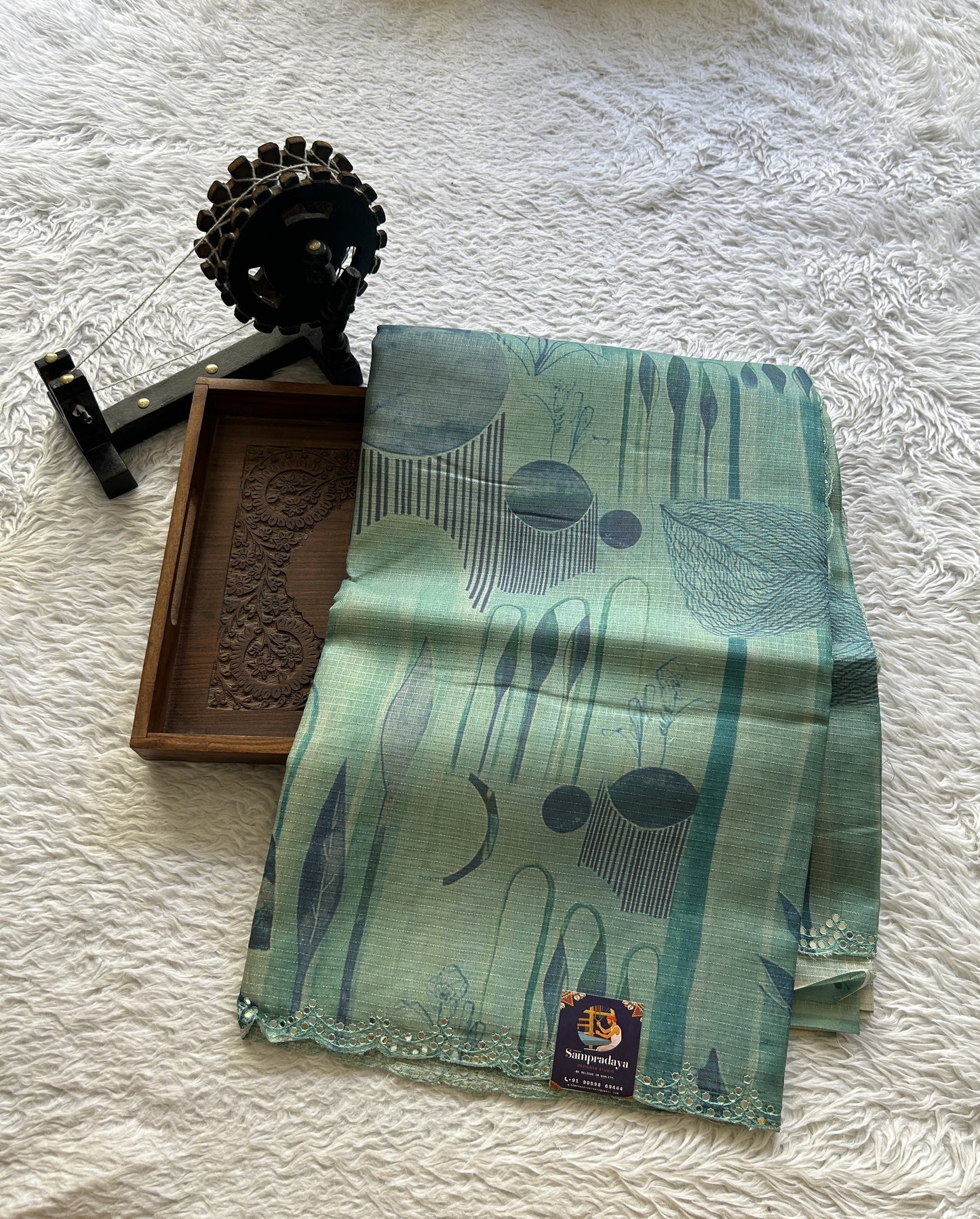 Semi Tussar Saree Aqua Green Colored Elegantly Paired with a Mirror Work Border. - Sampradaya Designer Studio