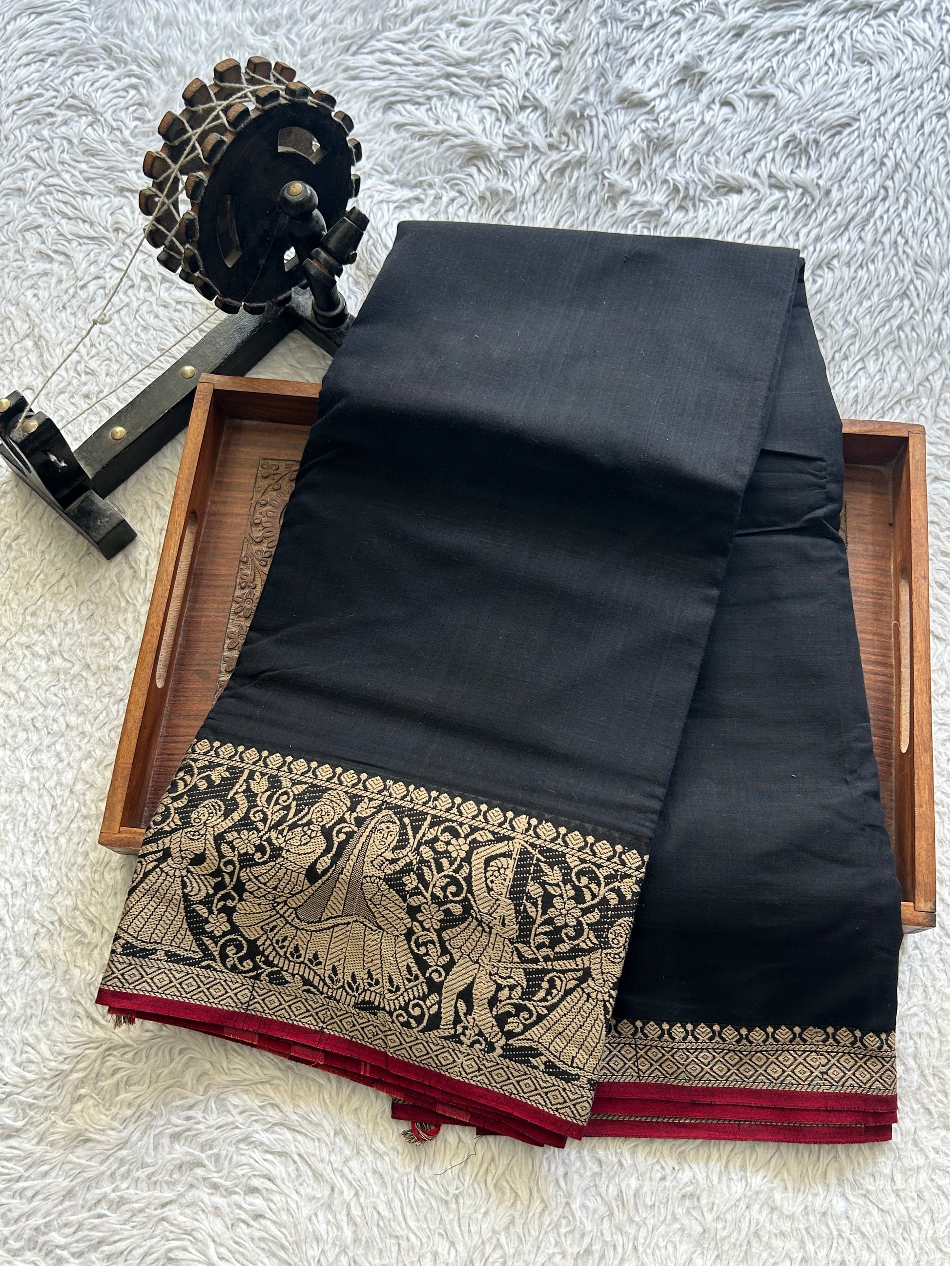 Narayanpet Cotton Saree Oil Black Colored Complemented with a Thread Border. - Sampradaya Designer Studio