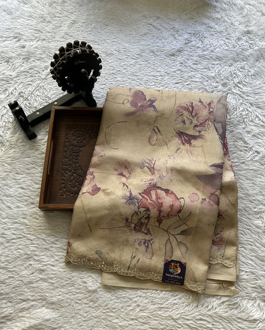 Semi Tussar Saree Cream Colored Elegantly Paired with a Mirror Work Border. - Sampradaya Designer Studio