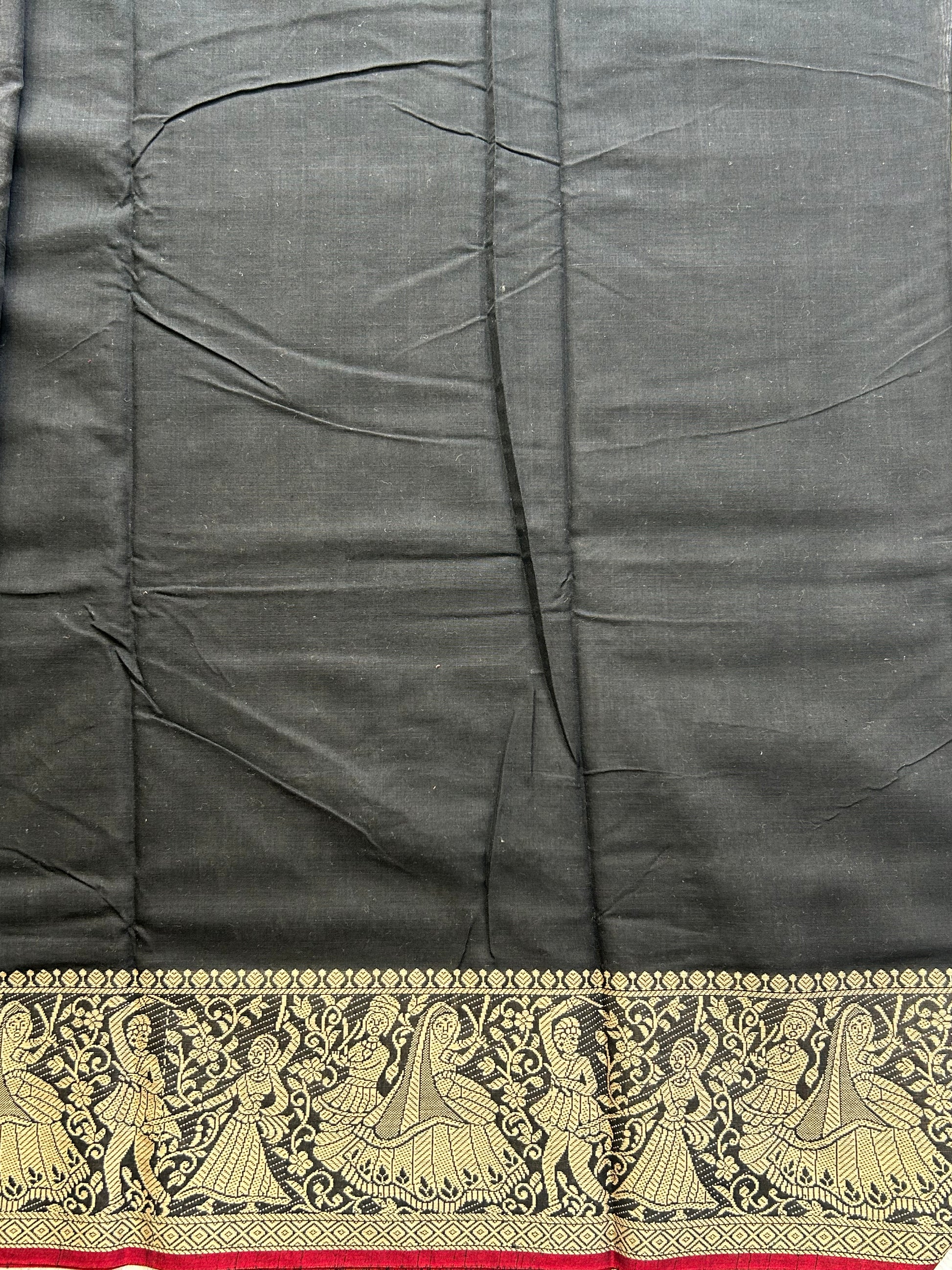 Narayanpet Cotton Saree Black Colored Complemented with a Thread Border. - Sampradaya Designer Studio