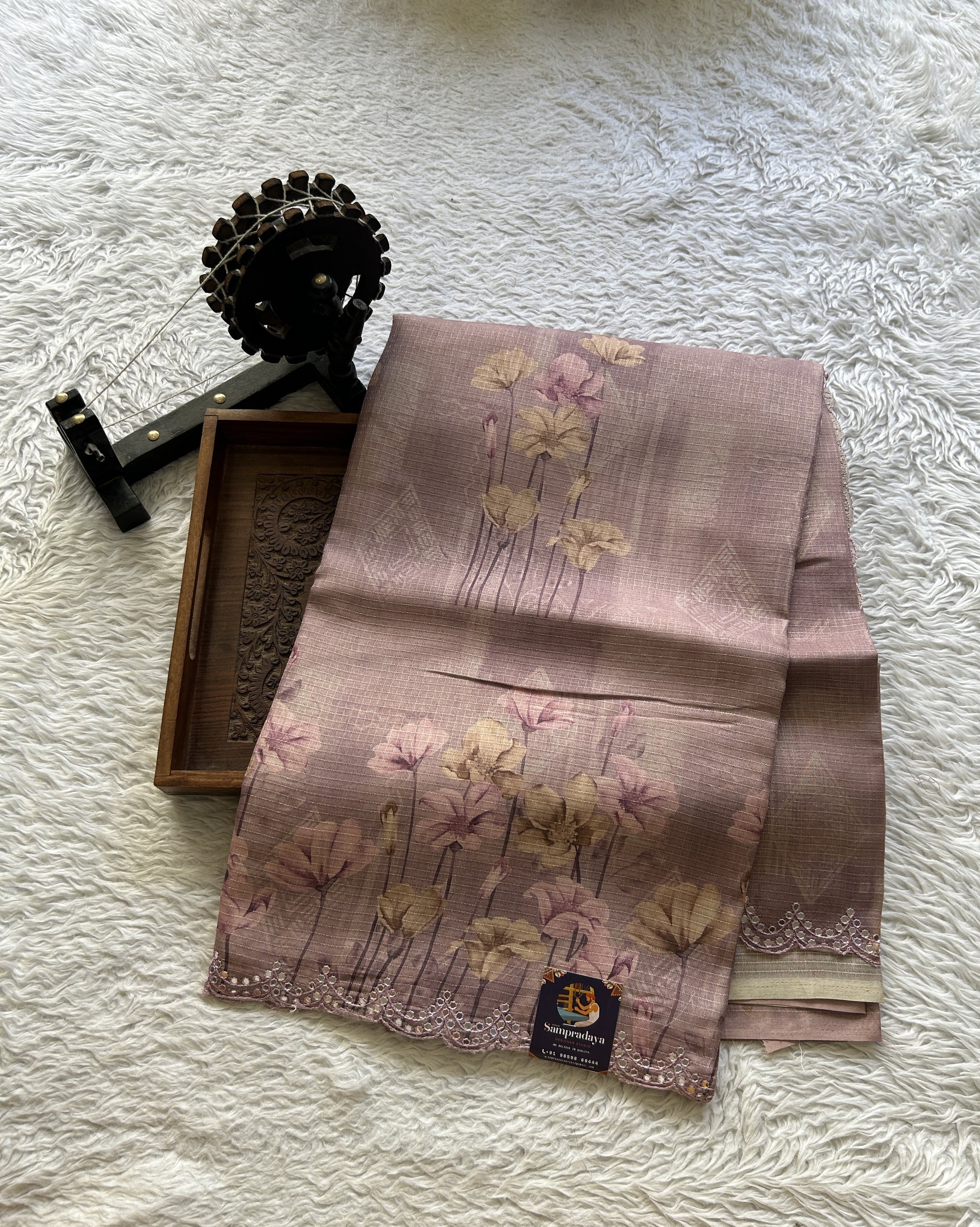 Semi Tussar Saree Lavender Colored Elegantly Paired with a Mirror Work Border. - Sampradaya Designer Studio