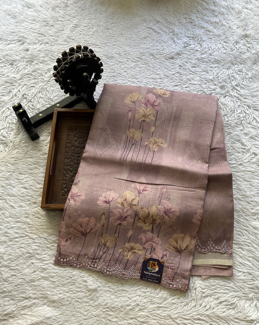 Semi Tussar Saree Lavender Colored Elegantly Paired with a Mirror Work Border. - Sampradaya Designer Studio