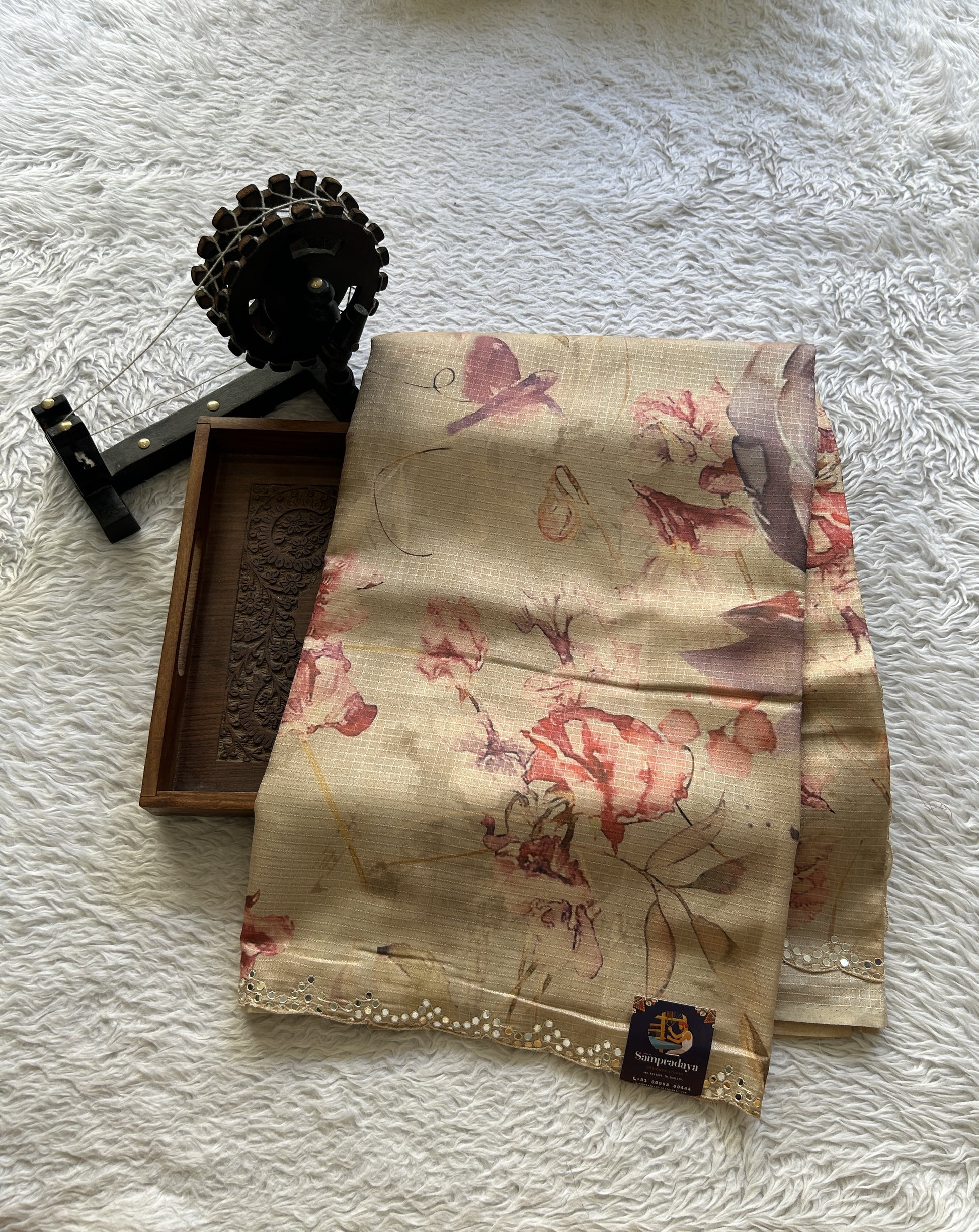Semi Tussar Saree Pastel Cream Colored Elegantly Paired with a Mirror Work Border. - Sampradaya Designer Studio