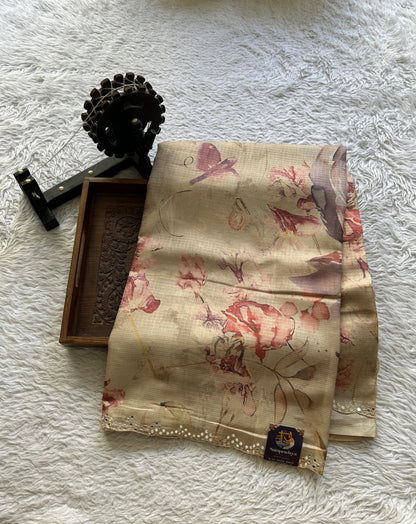 Semi Tussar Saree Pastel Cream Colored Elegantly Paired with a Mirror Work Border. - Sampradaya Designer Studio
