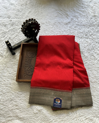Semi Georgette Plain Saree Red Colored Complemented with a Zari Border. - Sampradaya Designer Studio