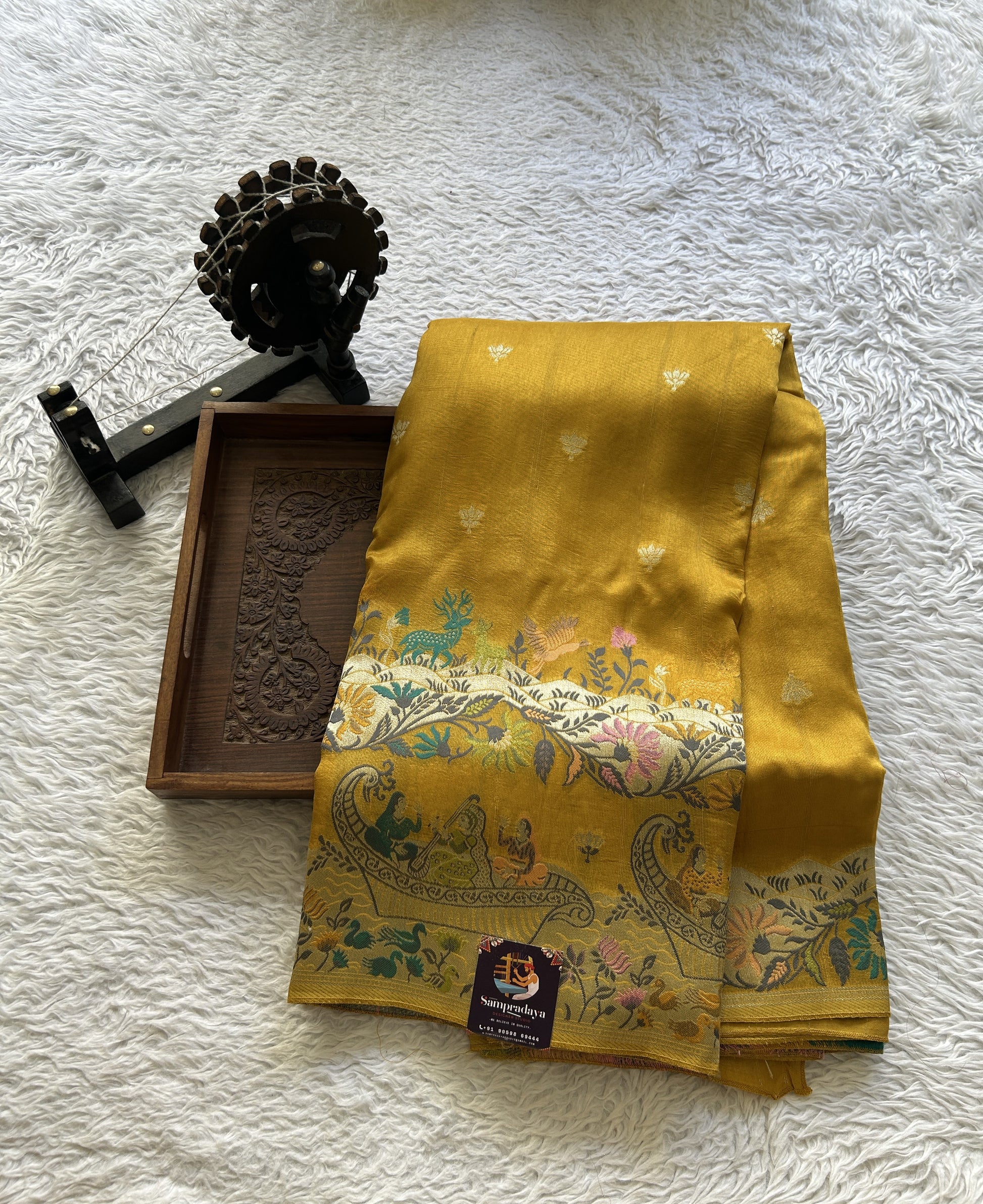 Banarasi Tussar Georgette Saree Yellow Colored Exquisite Zari Border. - Sampradaya Designer Studio