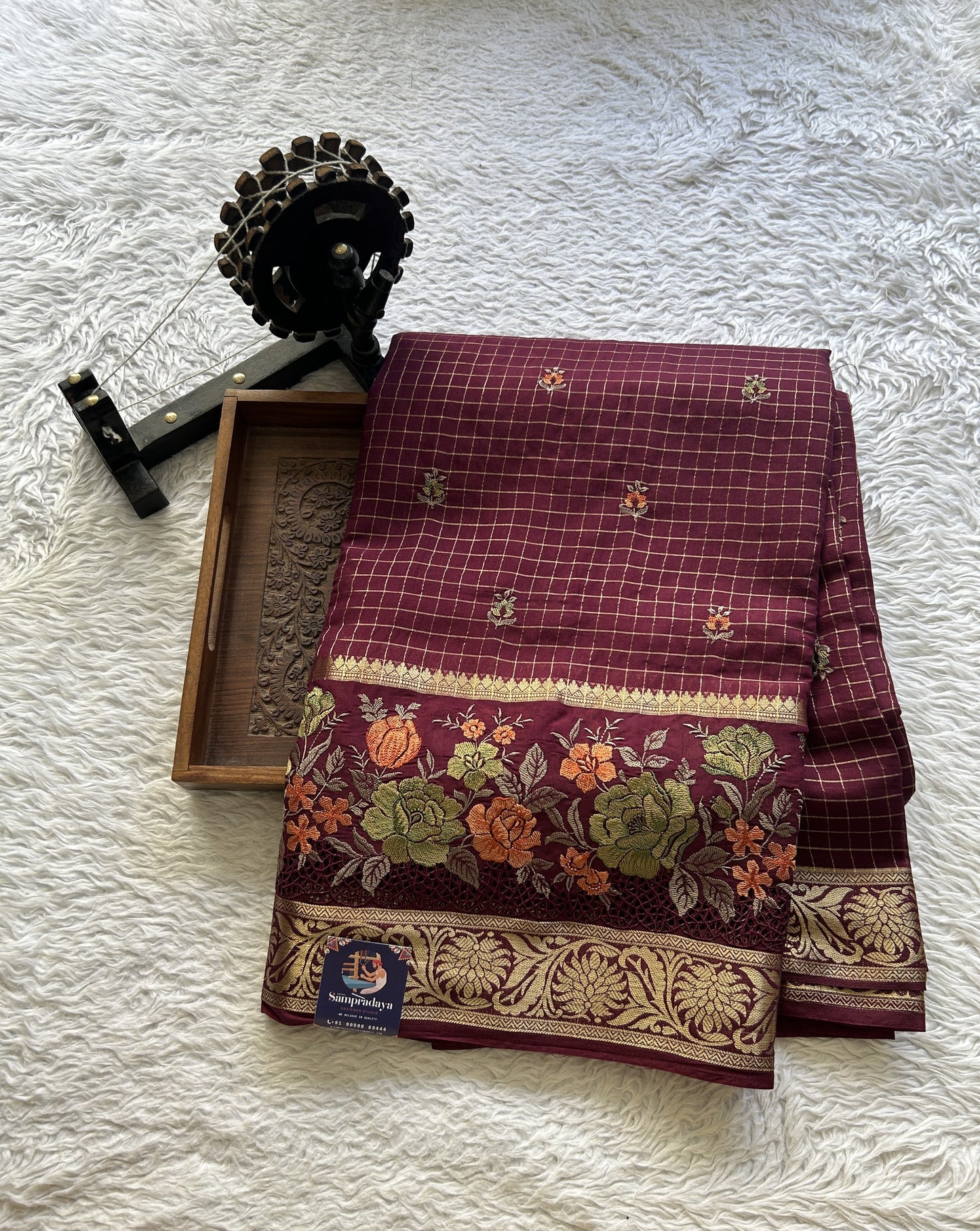 Semi Georgette Checks Saree Burgundy Colored Complemented with a Cutwork Border. - Sampradaya Designer Studio