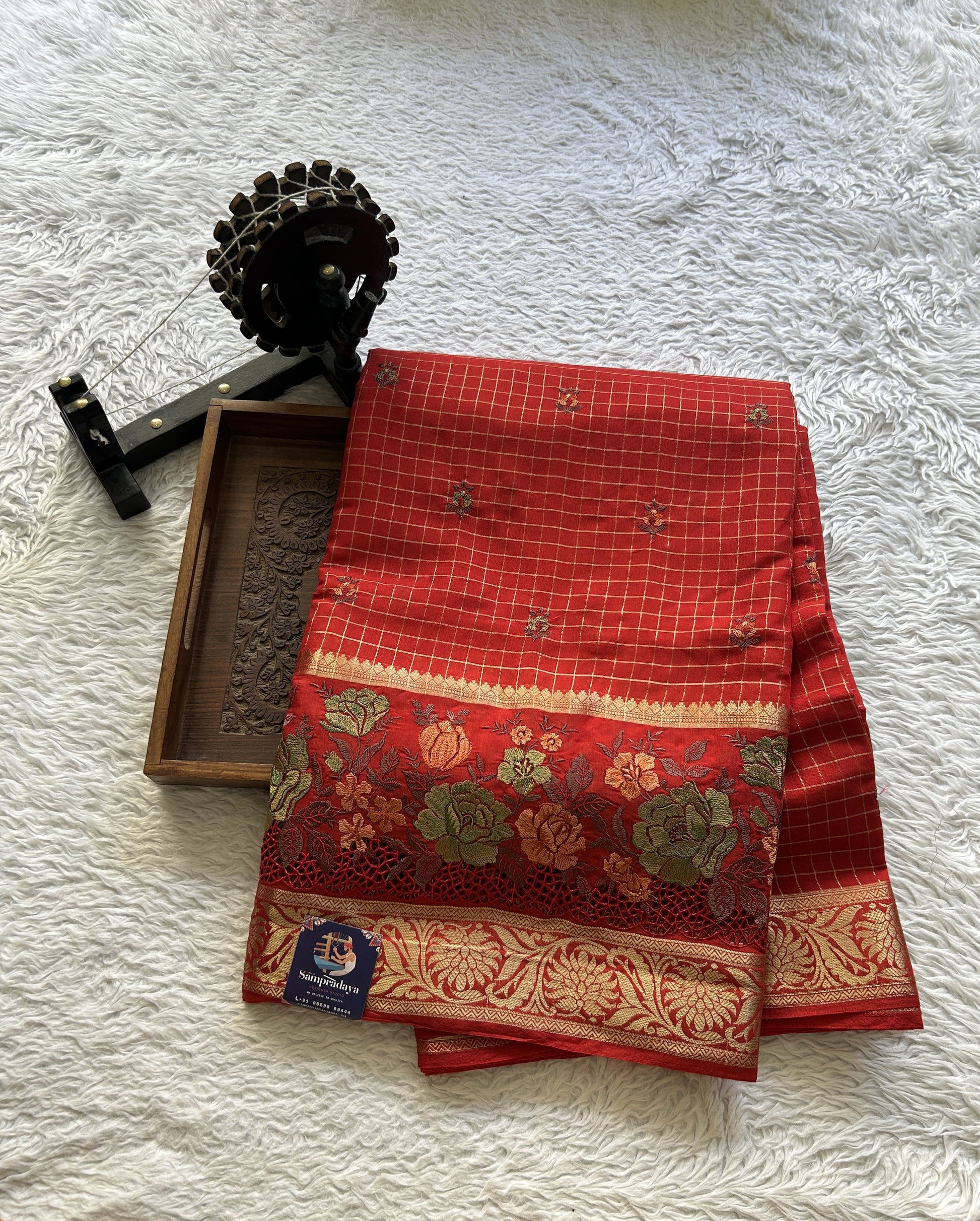 Semi Georgette Checks Saree Red Colored Complemented with a Cutwork Border. - Sampradaya Designer Studio