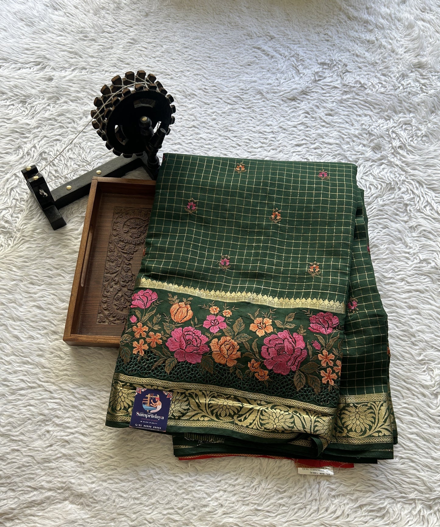 Semi Georgette Checks Saree Bottle Green Colored Complemented with a Cutwork Border. - Sampradaya Designer Studio