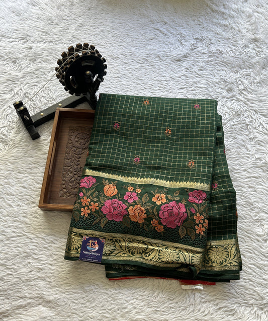 Semi Georgette Checks Saree Bottle Green Colored Complemented with a Cutwork Border. - Sampradaya Designer Studio