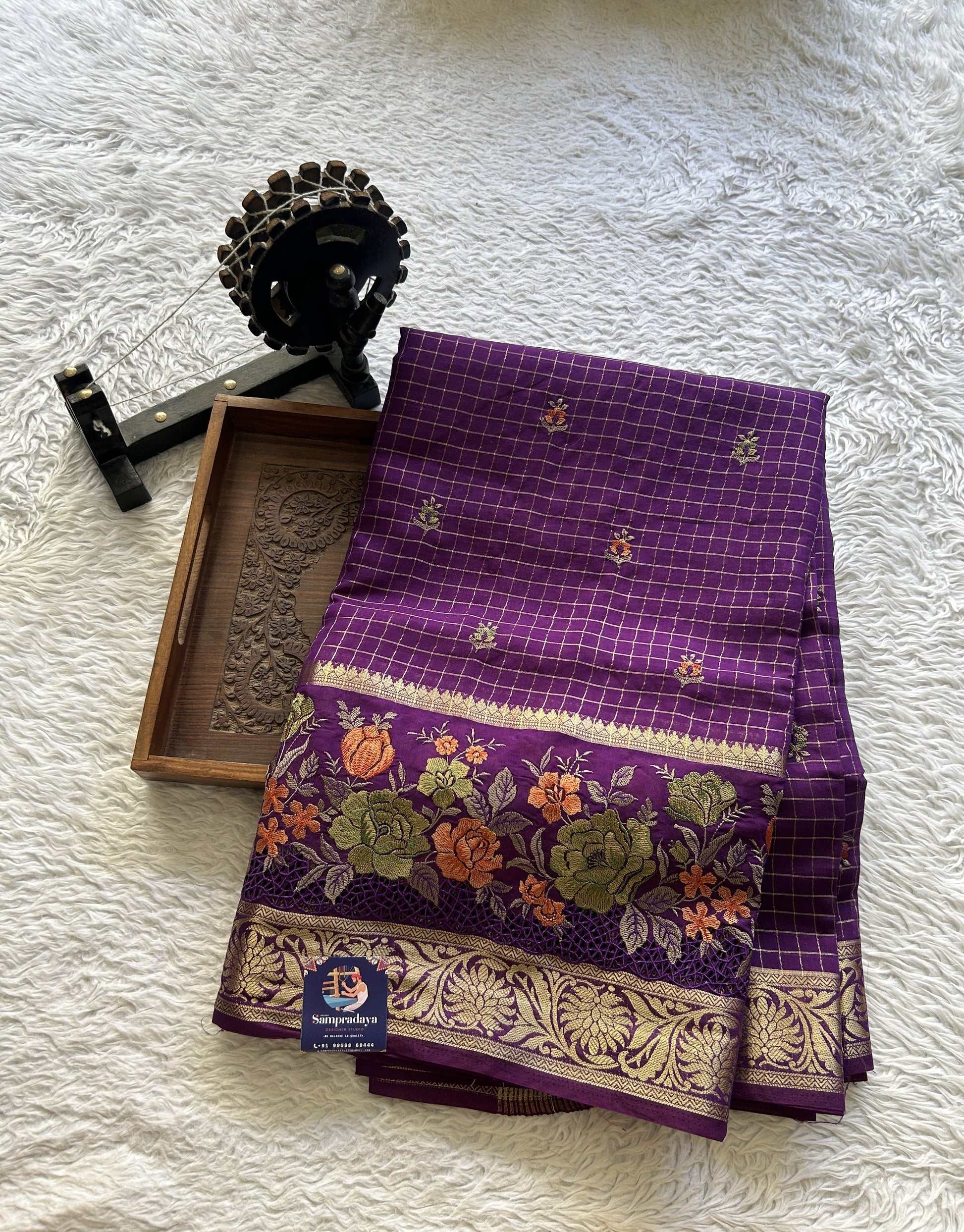 Semi Georgette Checks Saree Violet Colored Complemented with a Cutwork Border. - Sampradaya Designer Studio
