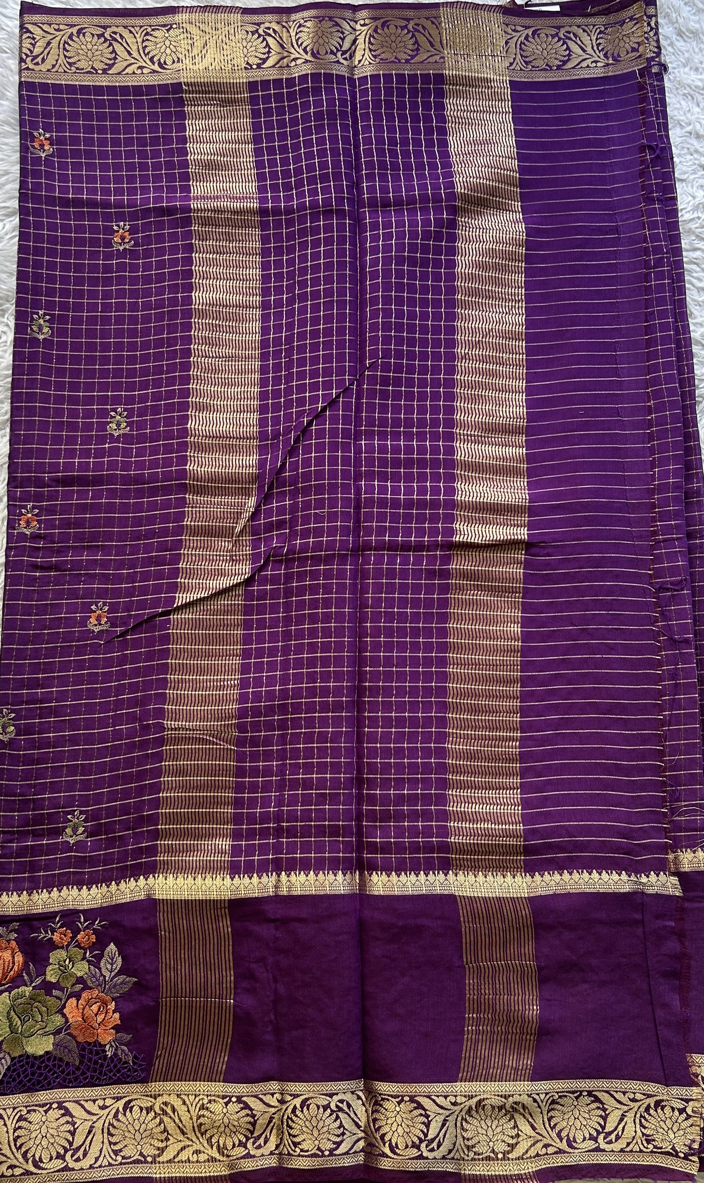 Semi Georgette Checks Saree Violet Colored Complemented with a Cutwork Border. - Sampradaya Designer Studio