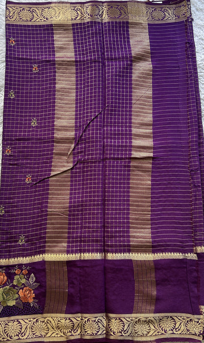 Semi Georgette Checks Saree Violet Colored Complemented with a Cutwork Border. - Sampradaya Designer Studio